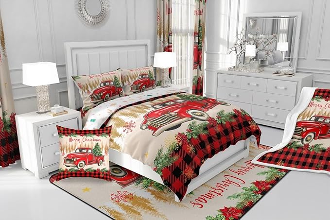 Erosebridal Merry Christmas King Bedding Set Red Truck Comforter Sets for Kids Boys Girls Teens Room Decor,Xmas Tree Down Comforter Red Black Buffalo Plaid Decor Bed Set Car Printed Themed Quilt Set