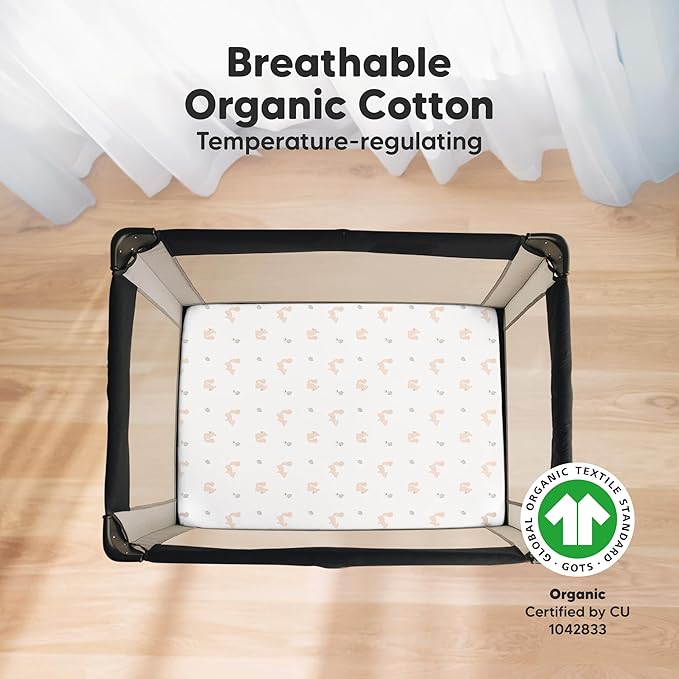 2-Pack Mini Crib Sheets Fitted - 38x26 Pack N Play Sheets for Pack and Play Mattress, Organic Cotton, Soft & Breathable Playard Bedding, Neutral Mini Toddler Bed Cover for Boys, Girls (Nibbles/Bruce)