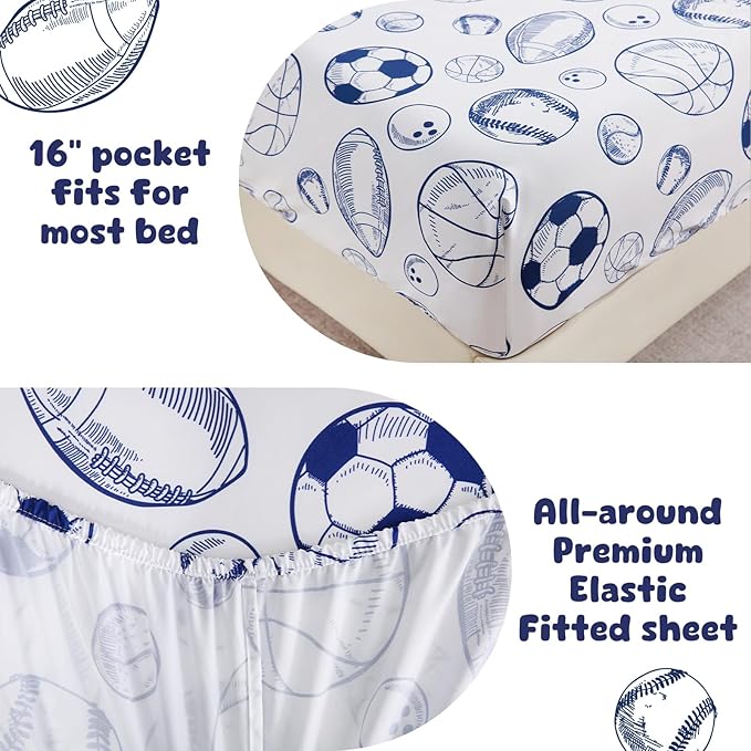 LONAVA Twin Kids Comforter Set - 4 Pieces Twin Bedding Sets for Boys Girls Children, Ultra Soft Microfiber Bed in A Bag with Flat Fitted Sheets, Ball Sports