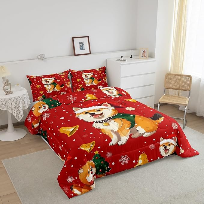 Cartoon Dog Comforter Set King Size,Bell Christmas Tree Star Snowflake Duvet Insert for Kids Boys Girls Room Decor,Cute Corgi Xmas Theme Bedding Set 3Pcs,Merry Christmas Red Quilt Set,2 Pillowcases