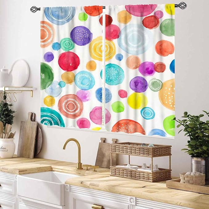 Colorful Curtains for Girls Bedroom, Watercolor Rainbow Cartoon Abstract Circle Polka Dots Splashes Cute Window Drapery for Kids Boys Girls Classroom Living Room Nursery 2 Panels, 55x39 Inch