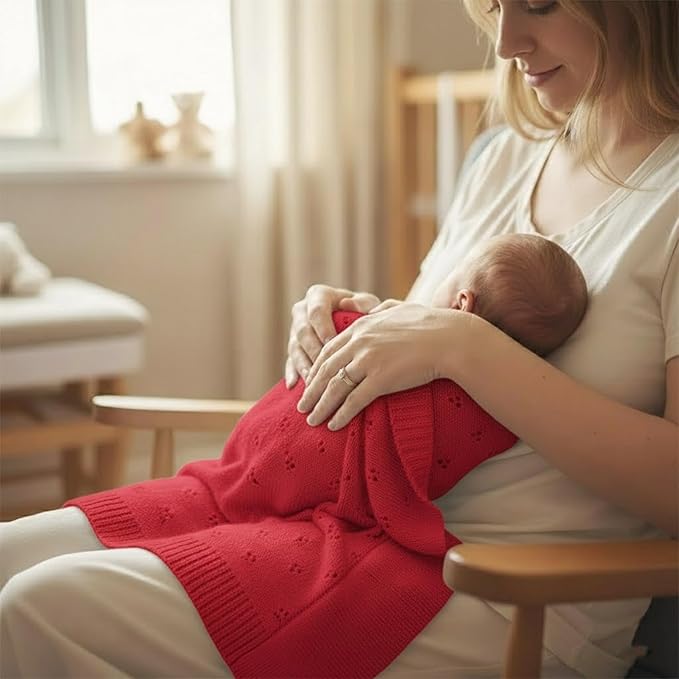 Baby Knit Blanket, 100% Cotton Eyelet Patterns, Soft, Cozy, Lightweight Swaddle for Newborn & Infant Swaddling Beige Neutral, Perfect Baby Shower Ideas Red 30x30