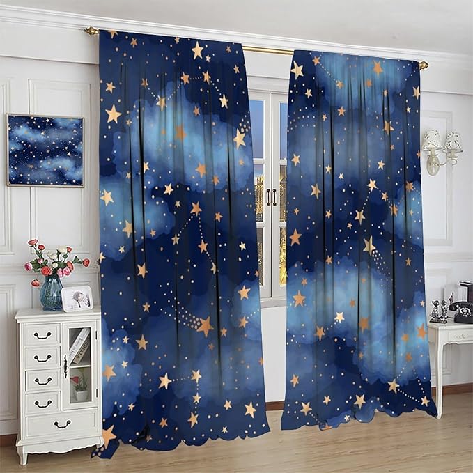 Starry Sky Blackout Curtains, Starry Scenery Blue Night Sky Stars Window Drapes for Kids Boys Girls Bedroom Living Room 42" W X 63" L