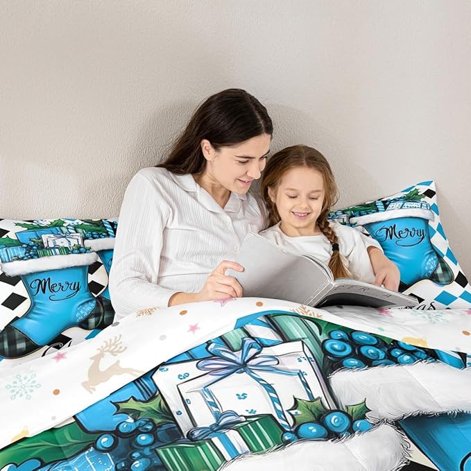 Feelyou Merry Christmas Kids Comforter Set Full Size Cartoon Shoes Bedding Set Duvet Quilt for Kids Boys Girls Bedroom Winter Decor Microfiber Ultra Soft Breathable