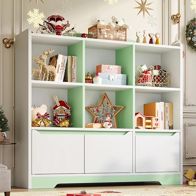 Kids Bookshelf and Toy Organizer, 2 Tier Kids Book Shelf for Kid Rooms with 2 Doors, 6 Cubes Storage Organizer,Wood Children Bookcase,Freestanding Toddler Book Display Shelf for Playroom WhiteGreen