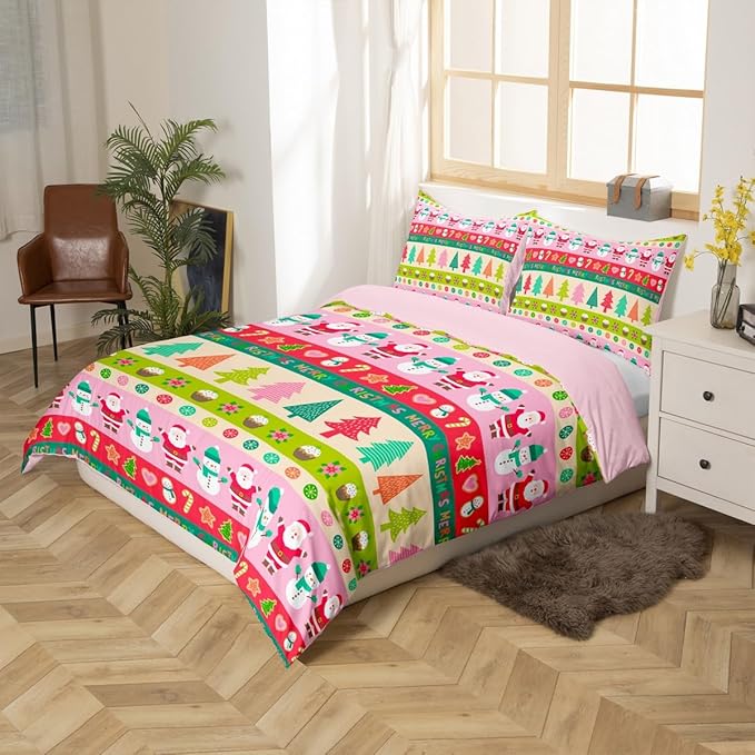 Cartoon Christmas Bedding Set for Kids Boys Girls Santa Claus Snowman Comforter Cover Set Pink Xmas Theme Duvet Cover Bedroom Decor Christmas Tree Bedspread Cover Twin Size Bedding Collection 2Pcs