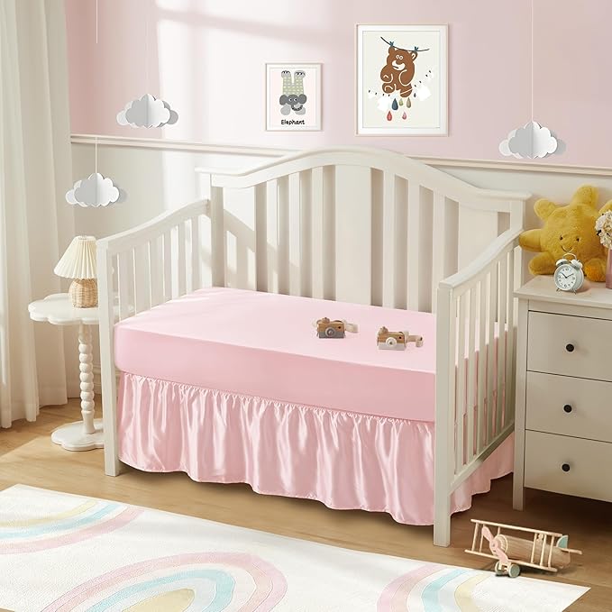 SiinvdaBZX 2-Piece Set Satin Crib Sheets & Crib Bed Skirt, 52" x 28" Silky Soft Ruffled Baby Crib Skirt with Adjustable Elastic 14" Drop, Fit for Standard Crib & Toddler Bedding (Pink)