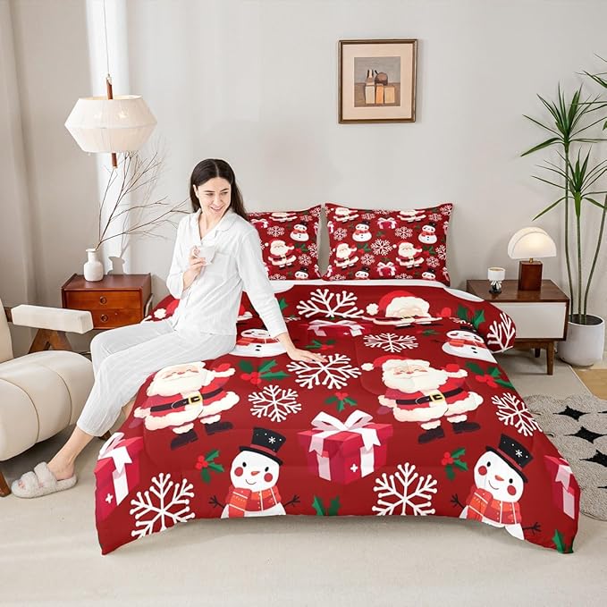 jejeloiu Merry Christmas Comforter Set Twin Size Xmas Santa Claus Bedding Set for Kids Boys Girls Cute Snowman Duvet Quilt Red Bedroom Decor