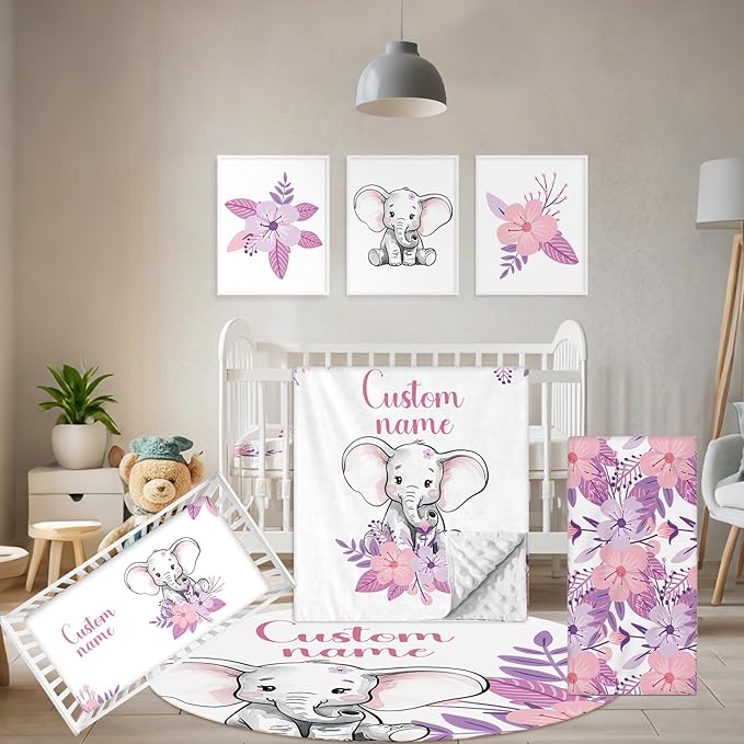 Personalized Toddler Bedding Set, 5 Pcs Custom Name Crib Bedding Set for Girls, Purple Elephant Flannel Baby Crib Bedding Set, Double Layer Baby Crib Set, Customized Gifts for Infants Newborns