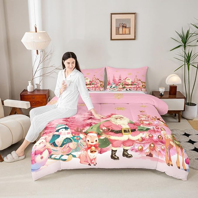 jejeloiu Merry Christmas Comforter Set Full Size Santa Claus Bedding Set for Kids Boys Girls Cute Deer Duvet Quilt Pink Bedroom Decor