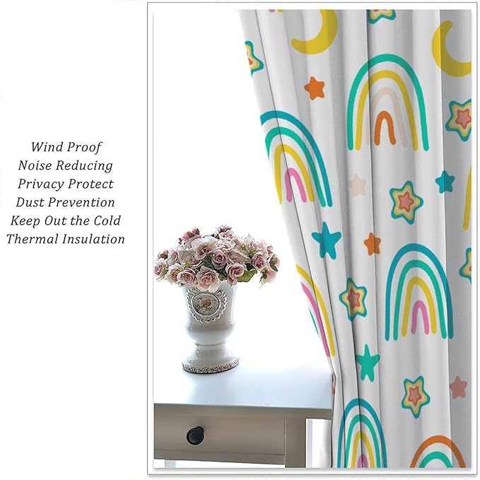 Kids Rainbow Curtains Cartoon Rainbow Abstract Bohemia Floral Lovely Stars Pattern Print Window Drapes for Girl Bedroom Living Room Kitchen Decor,2 Panel Set,42Wx54H Inch Blackout