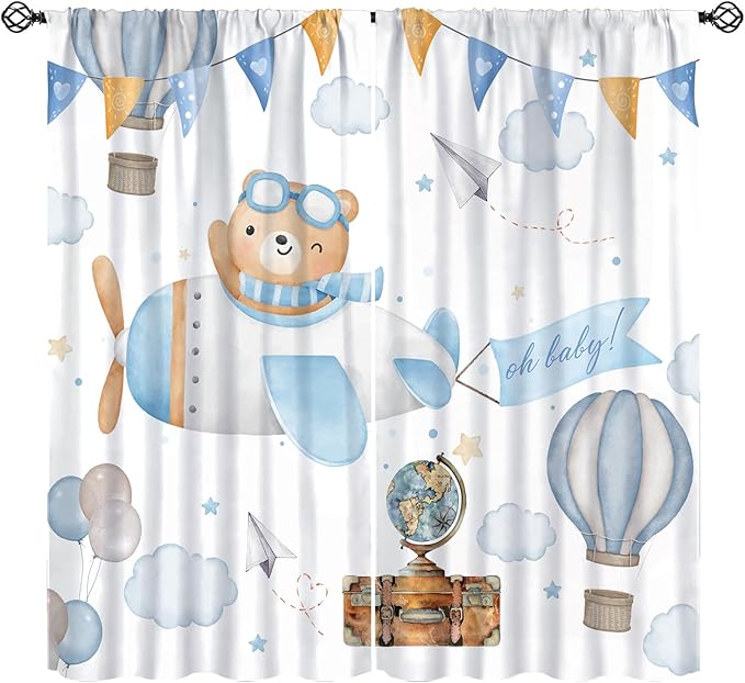 Blue Bear Curtains, Cute Lovely Bear Adventure Airplane Cloud Pastel Blackout Window Treatments, Rod Pocket Thermal Insulated Drapes 2 Panel Sets for Kids Bedroom Nursery Classroom, 42"W X 54"L