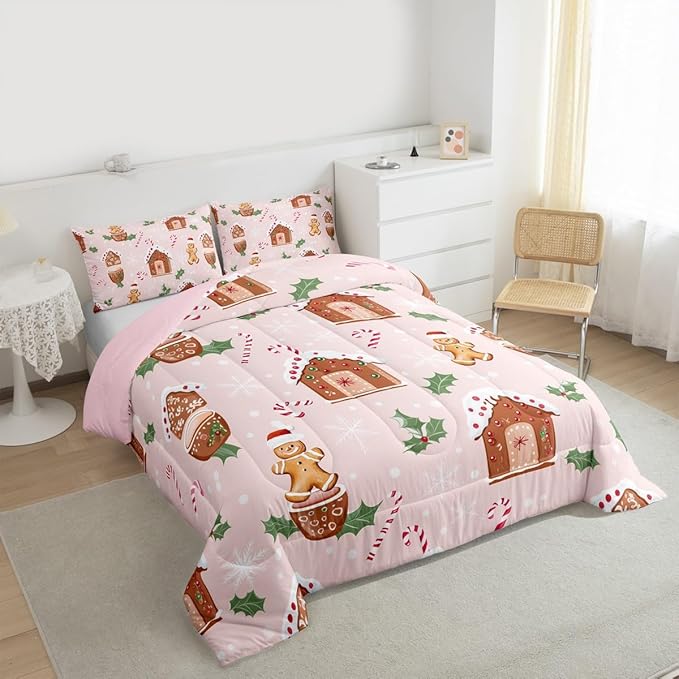 Feelyou Pink Christmas Comforter Set All Season Gingerbread Man Bedding Set with 2 Pillow Cases Christmas Pastry Microfiber Kids Queen Bedclothes Candy Cane Bedroom Decor Duvet Quilt Breathable Soft