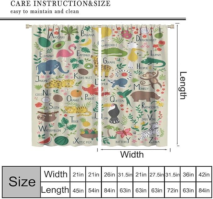 Kid Alphabet Curtains Funny Cartoon Animal Cute Educational Learning Colorful Curtain with Rod Pocket for Bedroom Living Room Decor Drapes Window Treatments 2 Panels Set 42" W X 45" L