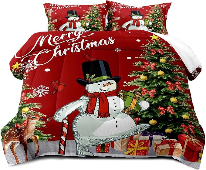 LUVIVIHOME 3PCS Merry Christmas Comforter Set Full Size, Boys Girls Kids Bedding, Cartoon Funny Cute Snowman Deer Elk Cardinal Snowflake Xmas Tree Christmas Bedroom Decor, Red Quilt, 2 Pillow Shams