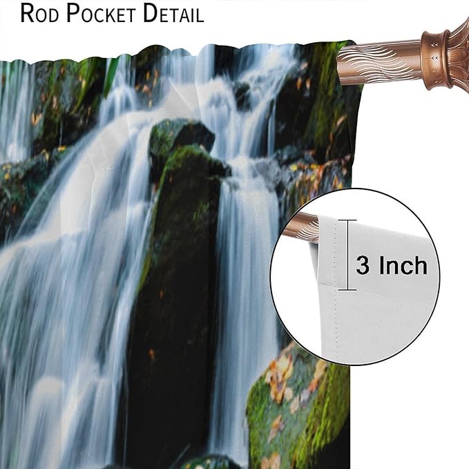 Waterfall Blackout Window Curtains, Forest Nature Landscape Theme Pattern Print Window Drapes, for Living Room Bedroom 72" W X 63" L