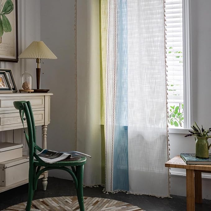 Deeprove Boho Linen Curtains 72 inch for Bedroom Living Room, Semi Blackout Country Rustic Tassels Window Treatment Bohemian Embroidery Drape Rod Pocket 1 Panel 52" W x 72" L, Blue and Sage Green