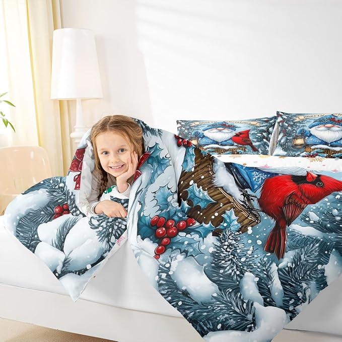 Kawaii Santa Claus Comforter Set Full Size,Poinsettia Cardinal Christmas Birds Kids Bedding Set,Holly Berries Winter Snowflake Quilt Comforter,Blue Red Duvet Insert,2 Pillowcases