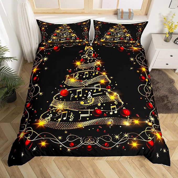 Christmas Tree Duvet Cover Set Queen Size, Gold Musical Note Print Bedding Set 3pcs for Kids Boys Girls Bedroom Decor, New Year Theme Xmas Holidays Comforter Cover with 2 Pillowcases,No Comforter