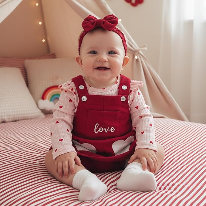FIOMVA My First Valentines Day Outfit Clothes Baby Girl Romper Love Onesie Heart Embroidery Overalls Suspender Dress Set
