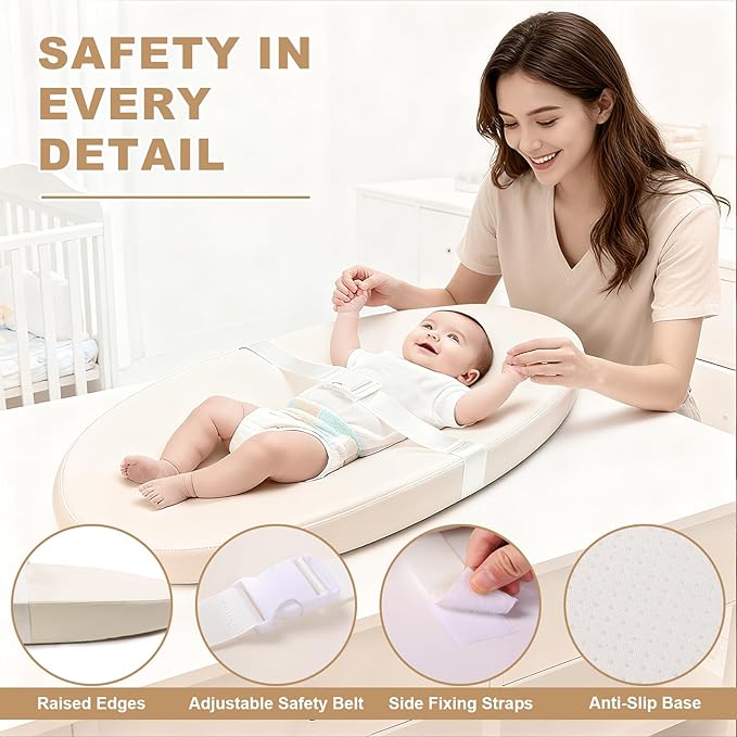 Baby Changing Pad for Dresser, with Wipeable Waterproof PU Cover, Contoured Diaper Changing Pad with Non-Slip Safety Belt, Portable Lightweight Changing Mat with Cushioned Foam, Beige