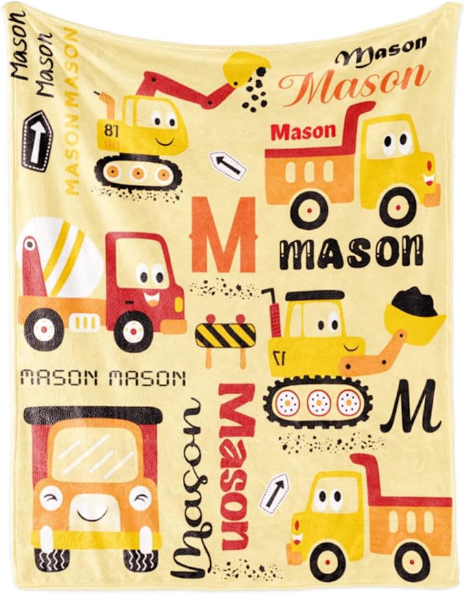 Personalized Construction Blanket for Boys Girls with Name, Custom Name Blanket Construction Vehicles, Soft Flannel Teen Blankets Customized Gift for Birthday Christmas-50x60in