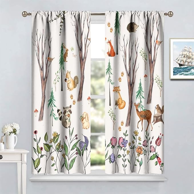 Forest Animal Kids Curtains, Watercolor Cartoon Window Treatments, Cute Animal Floral Girl Toddler Home Bedroom Living Room Drapes 63x63in