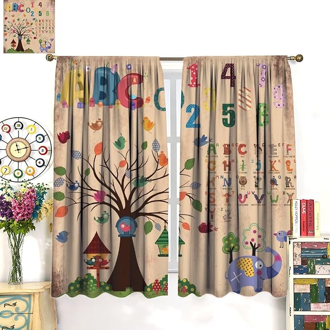 Animal Alphabet Numbers Tree Curtain Learning ABC Letters Birds Numbers Home Printed Rod Pocket Window Treatments for Bedroom Living Room Playroom Nursery 72" W X 63" L