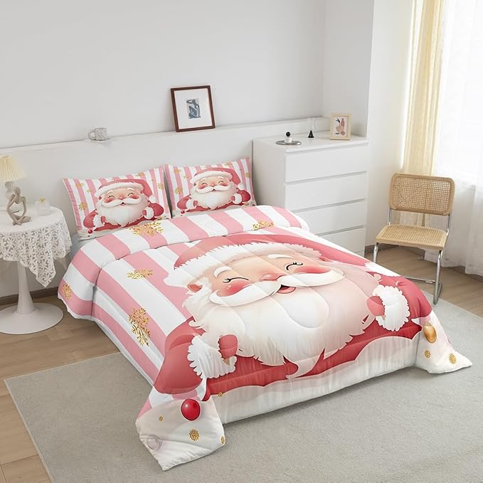 Feelyou Merry Christmas Decorations Queen Size Comforter Set Santa Claus Bedding Set Pink Quilt Set Soft Warm Lightweight Duvet Set