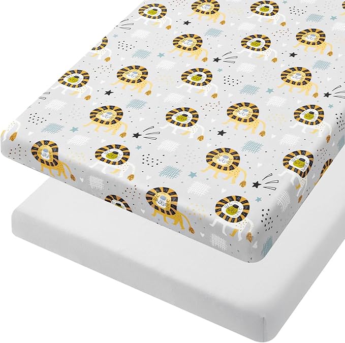 TILLYOU Mini Crib Fitted Sheets - Soft Knit Sheet for Pack N Play, Microfiber Mini Crib Sheets, Playpen Bedding Sheet for Baby 2 Pack, Machine Washable, 38'' x 24'', Lion's Paradise and Grey