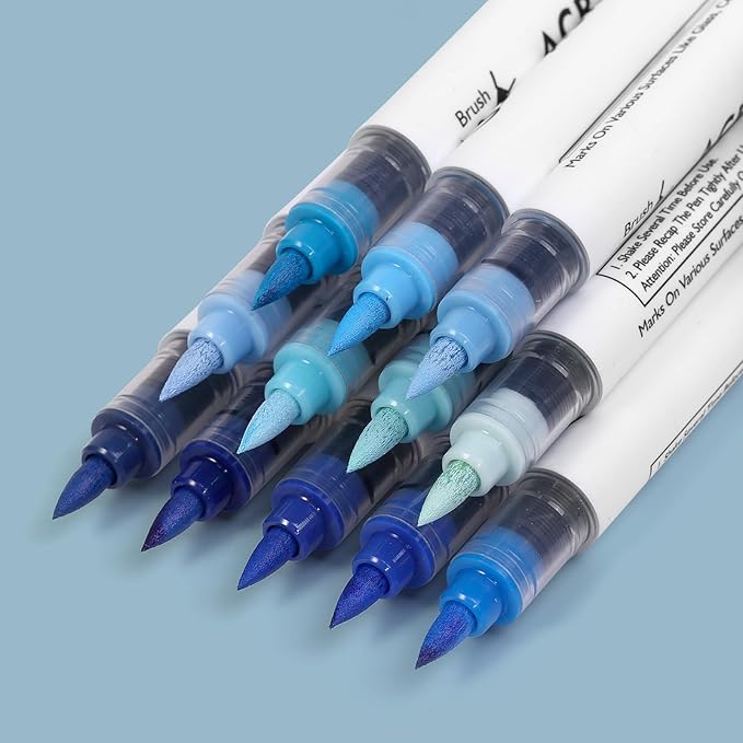 Blue Tones Acrylic Paint Pens, 12 Colors Markers Set with Soft Brush & Bullet Tip, for Rock, Painting, Wood, Glass, Ceramic, Canvas, Stone, DIY Crafts, Making Art Supplies, Fabric Paint