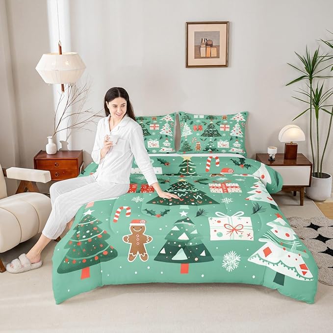 Feelyou Christmas Bedding Set Soft for Boys Girls, Xmas Tree Snowflake Comforter Set Full Size Gingerbread Man Duvet Quilt Microfiber New Year Gift Bedroom Decor 3 Pcs with 2 Pillow Cases