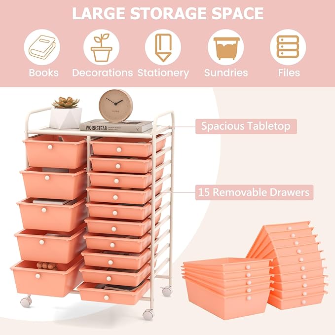 RELAX4LIFE 15-Drawer Storage Drawer Carts - Mobile Rolling Utility Cart w/Wheels, Craft Organizer for Classroom Organization and Storage, School, Office, Home, Storage Organizer Cart (Pink)