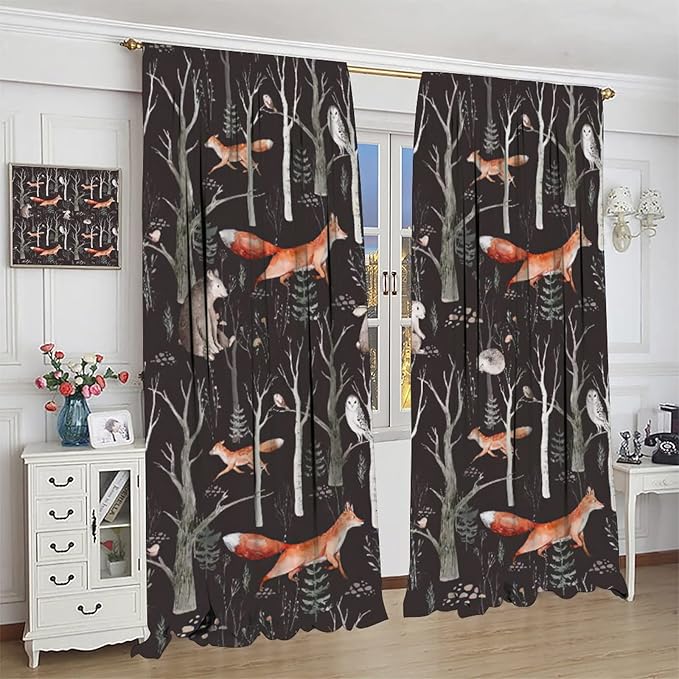 Rustic Forest Curtain, Woodland Country Hunting Animal Deer Fox Wildlife Bear Farmhouse Lodge Cabin Blackout Rod Pocket Windows Door Curtain for Bedroom Living Room Home Decor 42x45in