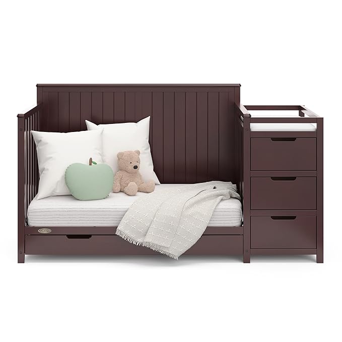 Graco Hadley 5-in-1 Convertible Crib & Changer (Espresso) – GREENGUARD Gold Certified, Fits Standard Crib Mattress, Converts to Toddler Bed and Full Bed, 4 Adjustable Mattress Heights