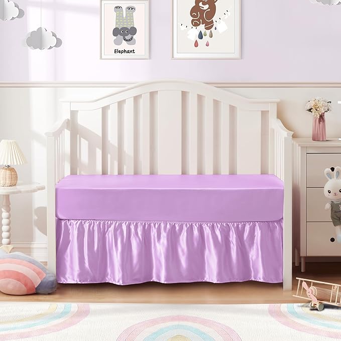 SiinvdaBZX 2-Piece Set Satin Crib Sheets & Crib Bed Skirt, 52" x 28" Silky Soft Ruffled Baby Crib Skirt with Adjustable Elastic 14" Drop, Fit for Standard Crib & Toddler Bedding (Lavender)
