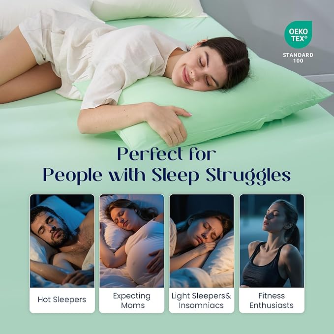 Dream Valley® King Size Sheets Set, Cooling Fitted Sheet with 2 Pillowcase-3 PCS with No Flat Sheet,Q-Max > 0.4 Aerocool, Cooling for Night Sweats, Hot Sleepers,deep Pocket up to 15",Mint Macaron