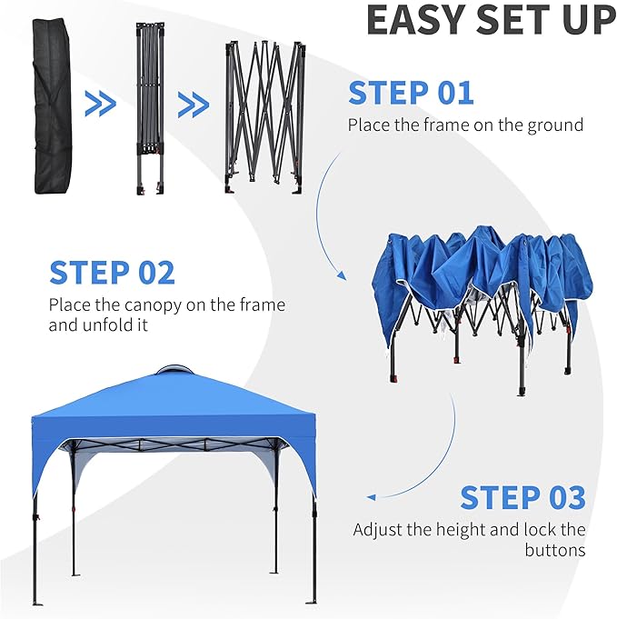 GDY 10x10 Pop Up Canopy Tent, Outdoor Gazebo with 4 Sandbags, Easy Up Canopy with 3 Adjustable Heights for Events, Parties, Camping, Blue.