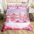 Manfei Christmas Duvet Cover Set Queen Size, Winter Snowman Truck Flower Bedding Set for Kids Girls Room Decor, New Year Pink Comforter Cover, Soft Polyester Quilt Cover, 2 Pillowcases, No Comforter