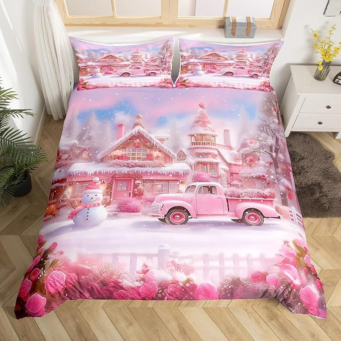 Manfei Christmas Duvet Cover Set Queen Size, Winter Snowman Truck Flower Bedding Set for Kids Girls Room Decor, New Year Pink Comforter Cover, Soft Polyester Quilt Cover, 2 Pillowcases, No Comforter