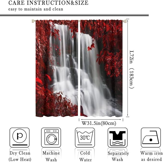 Red Forest Waterfall Blackout Windows Curtains, Waterfall Red Forest Black and Red Natural Landscape Print Window, for Living Room Bedroom 63x72in 2 Panels