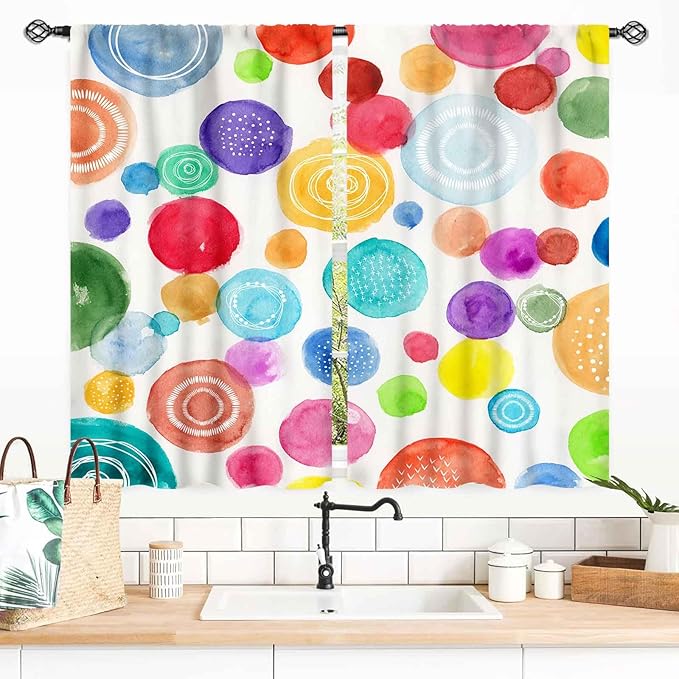 Colorful Curtains for Girls Bedroom, Watercolor Rainbow Cartoon Abstract Circle Polka Dots Splashes Cute Window Drapery for Kids Boys Girls Classroom Living Room Nursery 2 Panels, 55x39 Inch