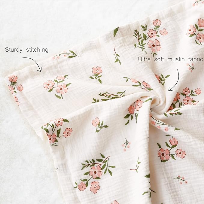 BOPRIO Muslin Baby Blankets for Girls Super Soft Nursery Minky Blankets with Breathable Muslin Cotton Front and 3D Touch Dotted Fleece Backing, Pink Floral Printed Bed Throws Newborn 30 x 40 Inch