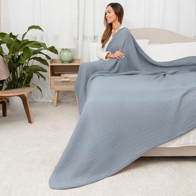 Comfy Cubs Muslin Blanket for Adults Queen 90" x 90" - 6 Layer Soft, Breathable & Lightweight Muslin Adult Blanket - Machine Washable & Designed in The US Bedding for All Seasons - Pacific Blue