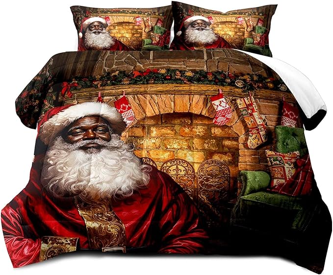 LUVIVIHOME 3-Piece Christmas Comforter Set - Full Size, Funny Black Santa Claus Bedding, Merry Christmas Bedroom Decor for Kids, Teens & African American Families, 1 Pillow Case