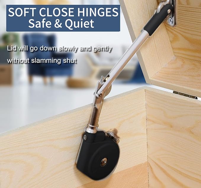 Toy Box Hinges Soft Close - Chest Hinge Lid Stay 105 Degree Open with Soft Close, Lid Support for Toy Box and Upward Top-Opening Flap Doors (Black 2 Pack)