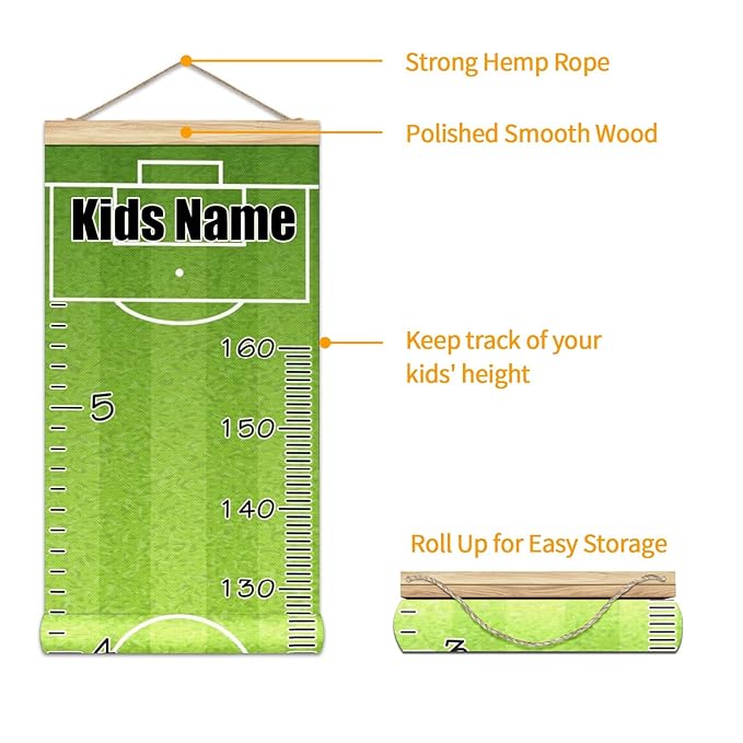 Personalized Kids Name Growth Chart Ruler for Wall Wood Frame Height Measure Chart 13.4x56 in Linen Hanging Height Growth Chart Football Field Kids Room Decor