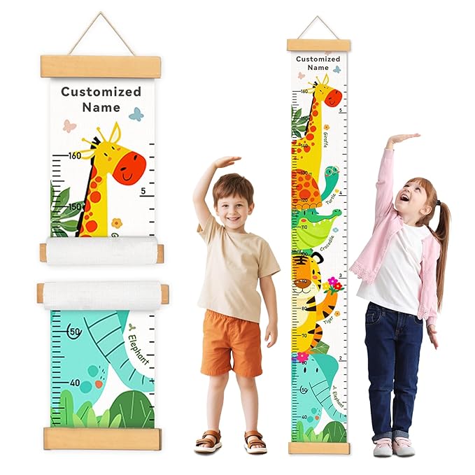 Personalized Name Height Chart for Kids, Kids Growth Chart for Wall, 59" X 7.9" Canvas Removable Height Chart Measuring Ruler for Kids & Baby(Paint Forest Animals）