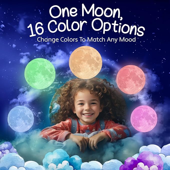 Mind-glowing 3D Moon Lamp - 16 LED Colors, Dimmable, Rechargeable Night Light (Large, 5.9in) with Wooden Stand, Remote & Touch Control - Nursery Decor for your Baby, Birthday Gift Idea for Women