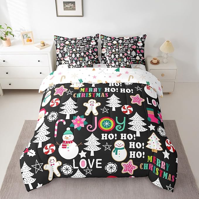 Christmas Kids Bedding Set Cartoon Snowman Gingerbread Man Comforter Set with Sheets for Boys Girls Christmas Tree Decor Bed in a Bag Pink Xmas Theme Black Bed Set 7Pcs Full Size